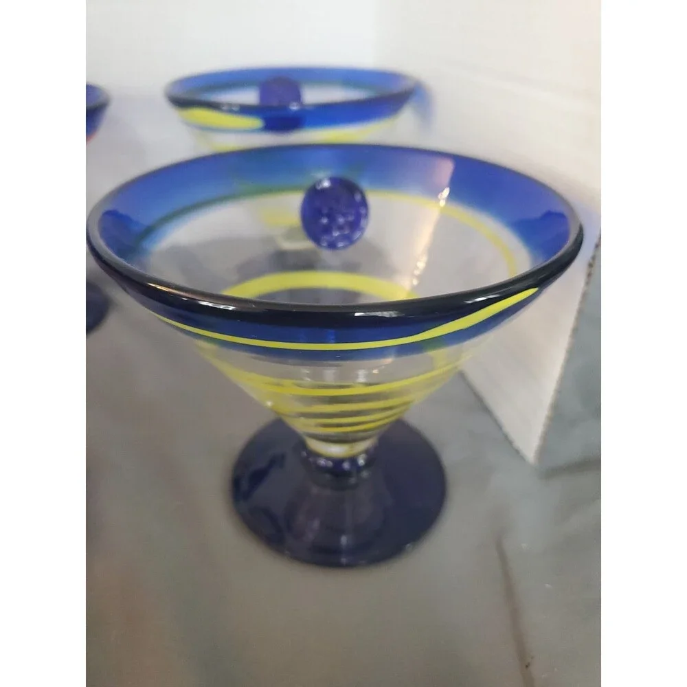 7 Vtg Royal Caribbean Cobalt Blue Swirl Blown Glass Dessert-Margarita Cruise